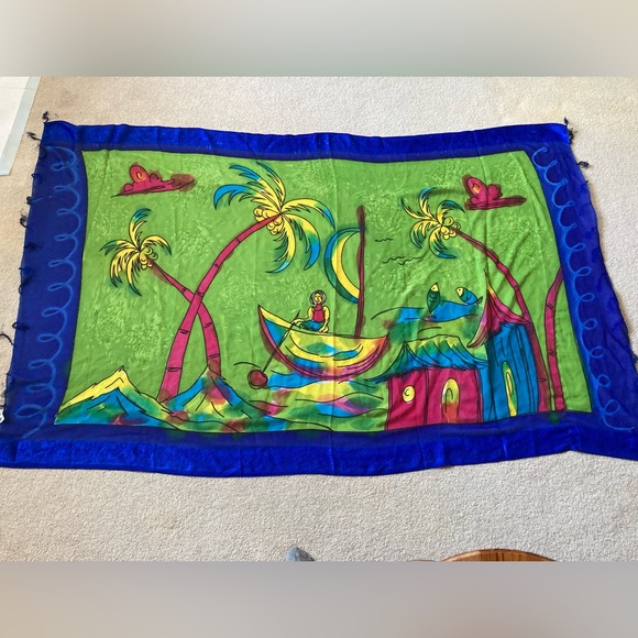 Beach Cover Up Sheer Sarong Nautical Design Multicolor Fish Palmtrees Beach Pool - Picture 5 of 7